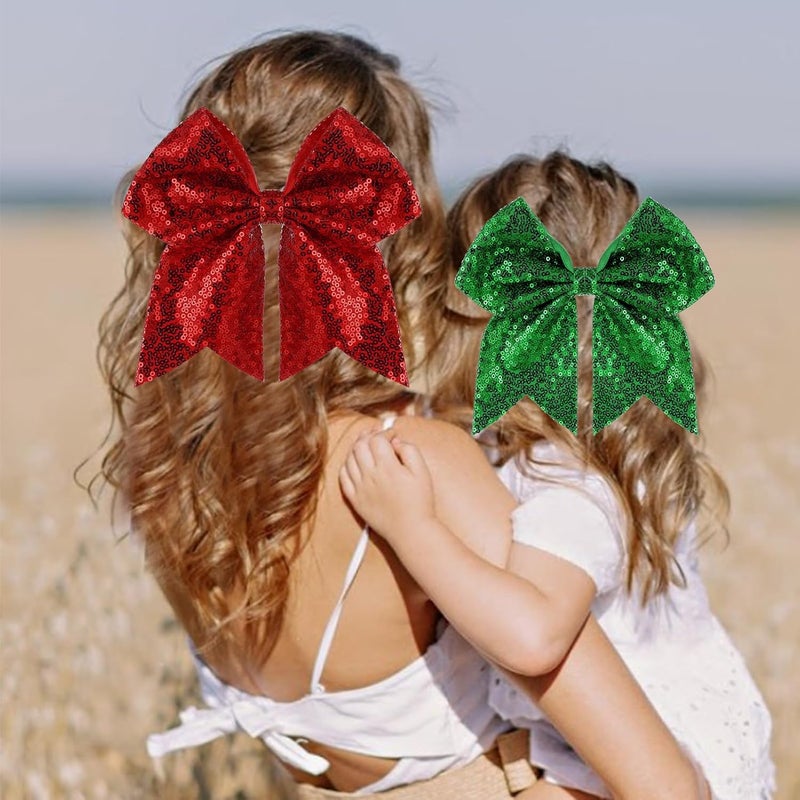 Zolyco Large Big 7 Inch Glitter Bow Clip Sequin Bling Party Hair Accessories for Women Teens Girls Kids 2 Pcs (Red, Christmas Green) - Image 3